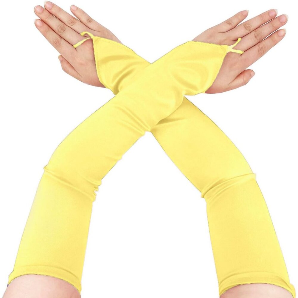 Women's Yellow Stretchy Finger Loop Fingerless Satin Elbow Length Opera Gloves